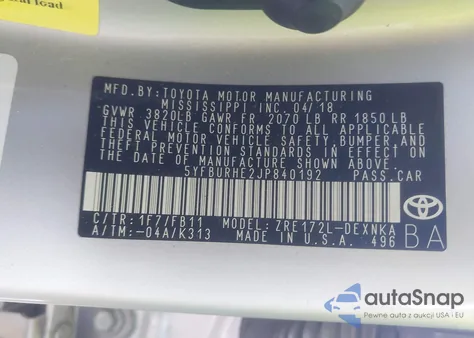 2018 Toyota Corolla Le from USA, damaged, VIN 5YFBURHE2JP840192